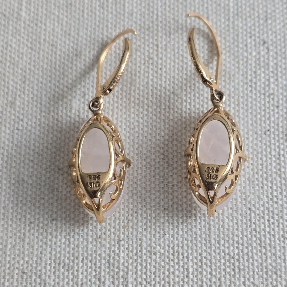 Rose Quartz Dangle Earrings 925 Sterling Silver & Rose Gold Faceted Pink - Picture 8 of 11